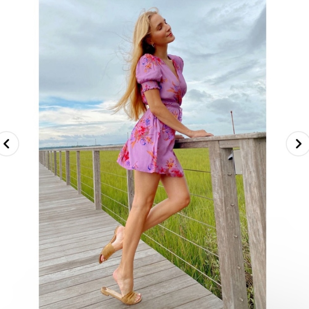 Urban Outfitters Anna Crepe Pink Rose Floral Wrap Mini Dress
